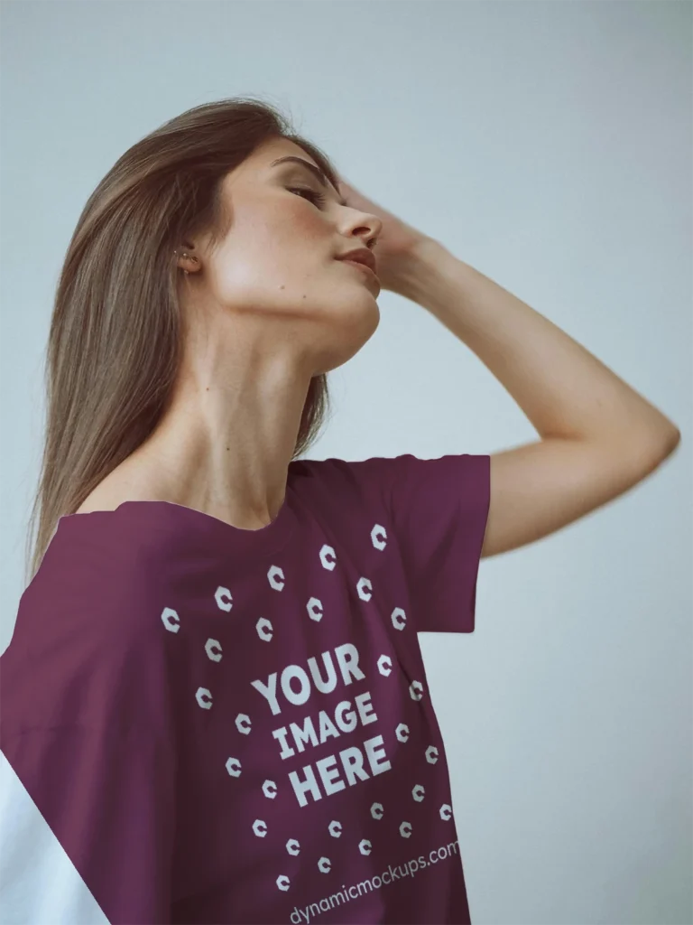 Woman Wearing Maroon T-shirt Mockup Front View Template