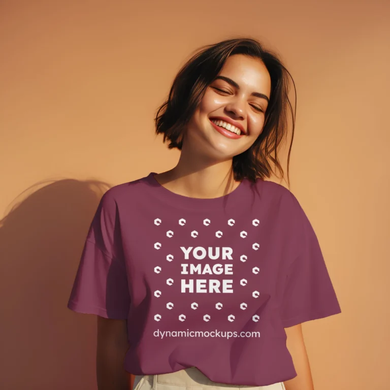 Woman Wearing Maroon T-shirt Mockup Front View Template