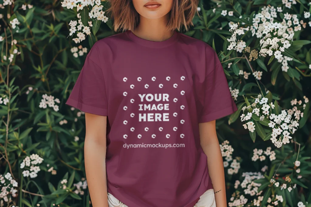 Woman Wearing Maroon T-shirt Mockup Front View Template