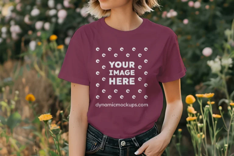 Woman Wearing Maroon T-shirt Mockup Front View Template