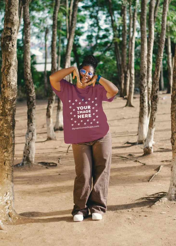 Woman Wearing Maroon T-shirt Mockup Front View Template