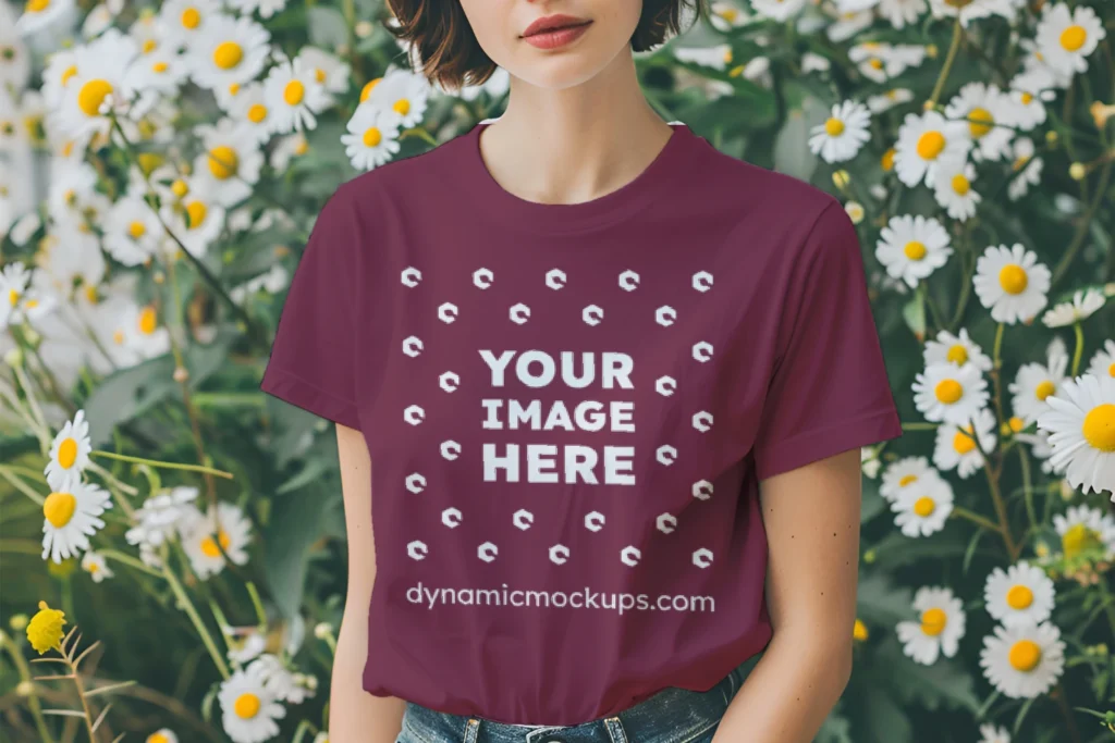 Woman Wearing Maroon T-shirt Mockup Front View Template