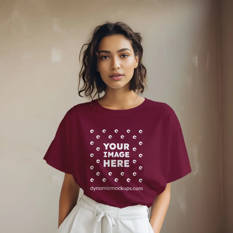 Woman Wearing Maroon T-shirt Mockup Front View Template