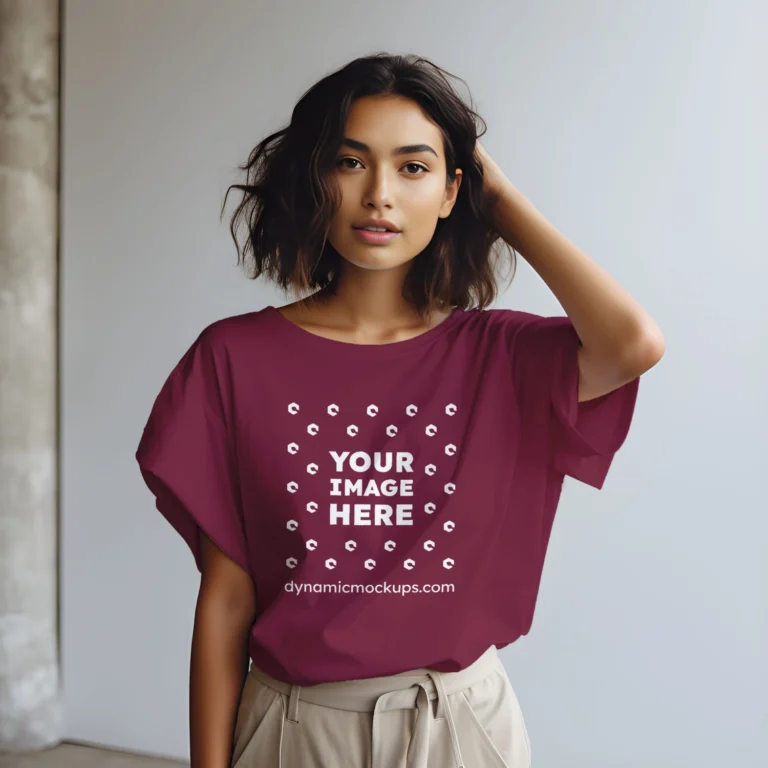 Woman Wearing Maroon T-shirt Mockup Front View Template