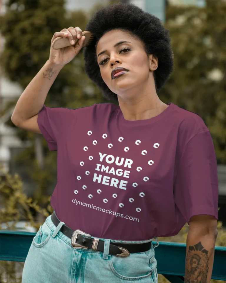 Woman Wearing Maroon T-shirt Mockup Front View Template