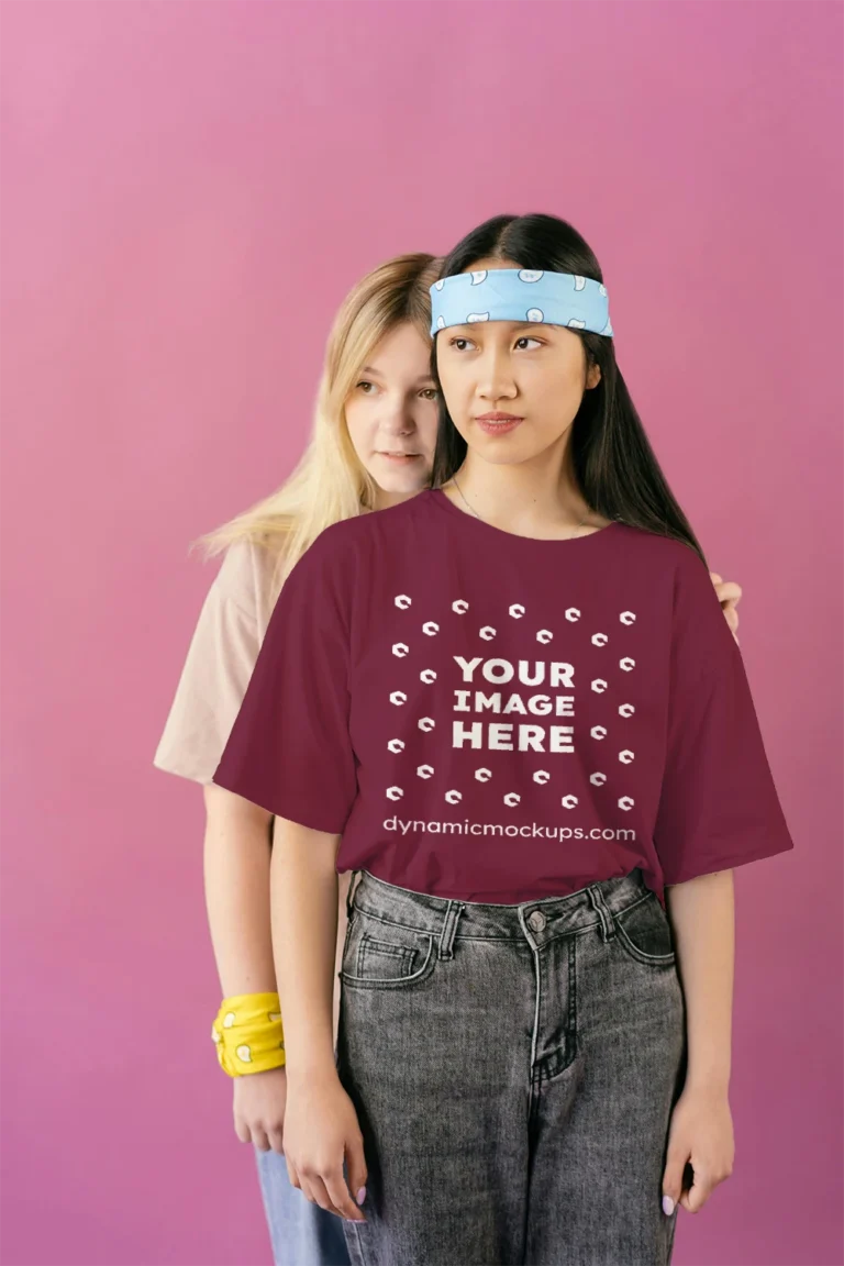 Woman Wearing Maroon T-shirt Mockup Front View Template