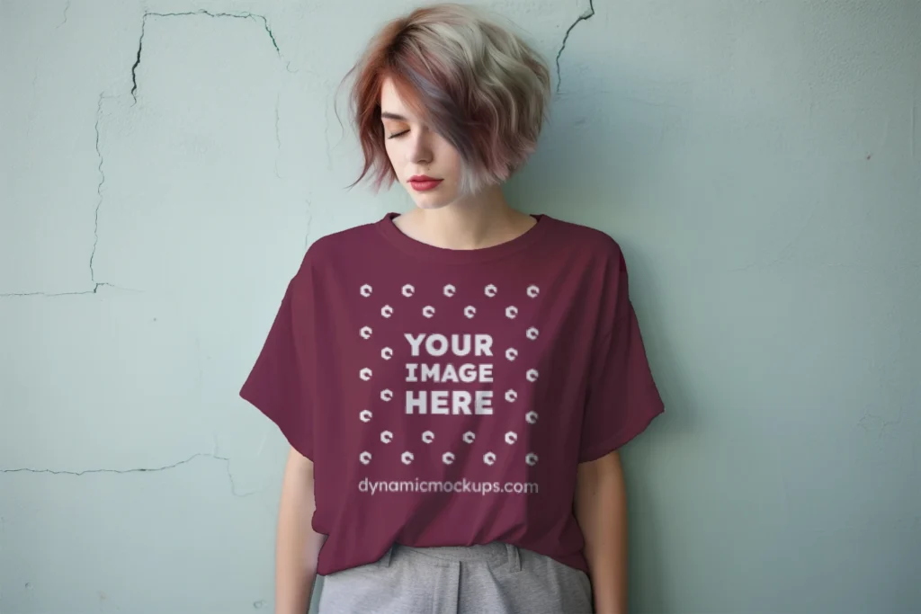 Woman Wearing Maroon T-shirt Mockup Front View Template