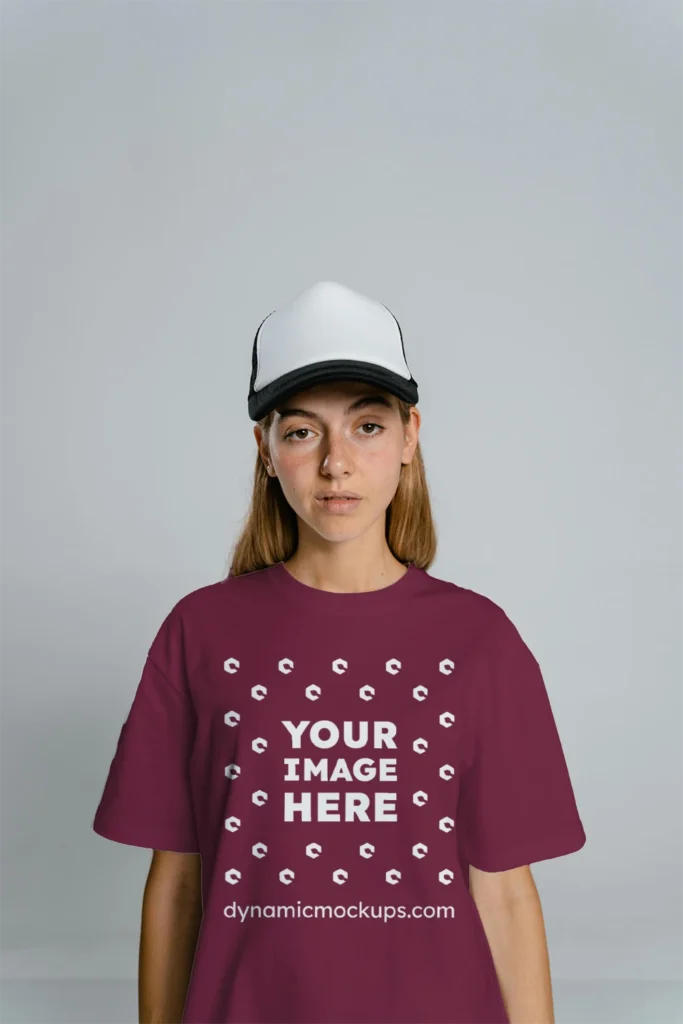 Woman Wearing Maroon T-shirt Mockup Front View Template