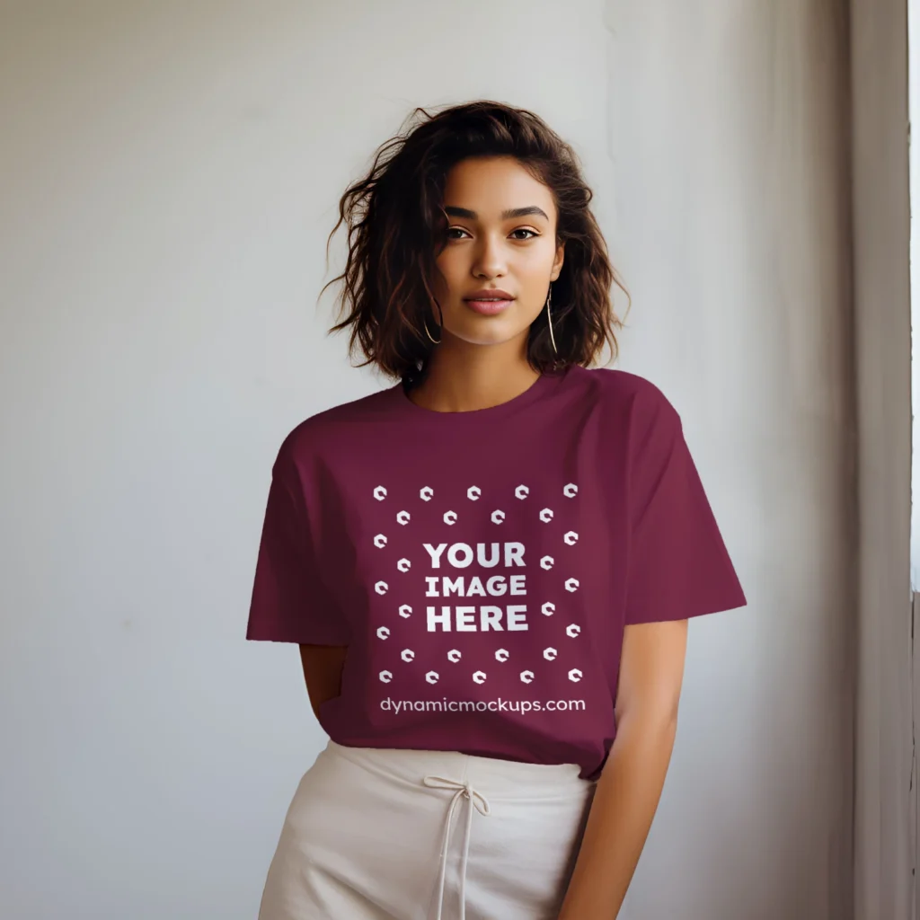 Woman Wearing Maroon T-shirt Mockup Front View Template