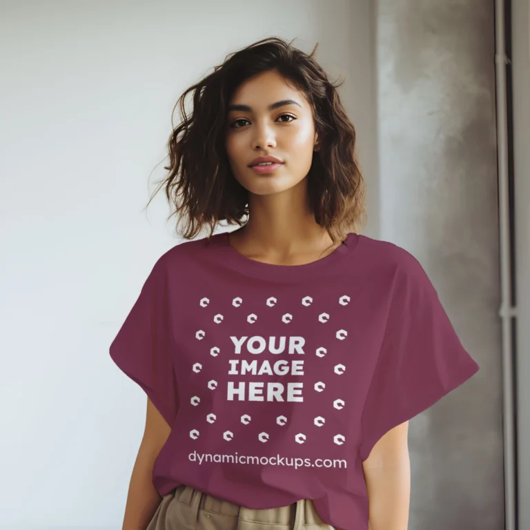 Woman Wearing Maroon T-shirt Mockup Front View Template