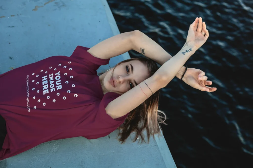 Woman Wearing Maroon T-shirt Mockup Front View Template