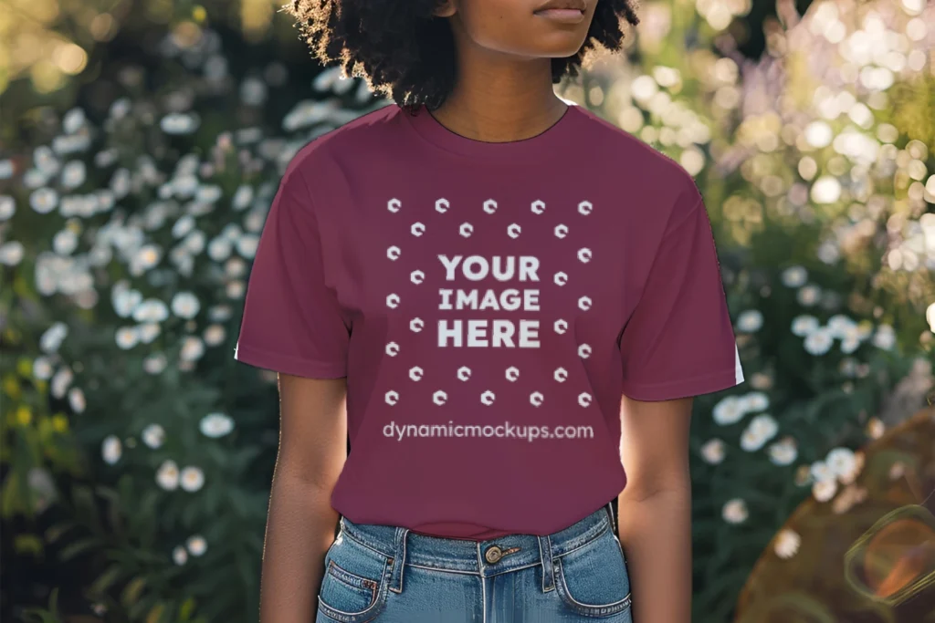 Woman Wearing Maroon T-shirt Mockup Front View Template