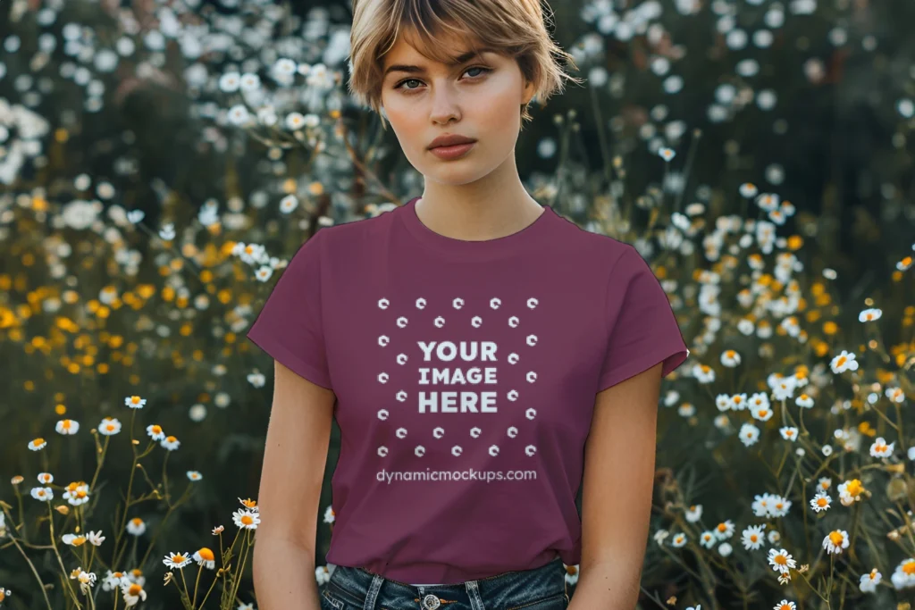 Woman Wearing Maroon T-shirt Mockup Front View Template