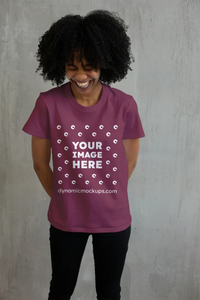 Woman Wearing Maroon T-shirt Mockup Front View Template