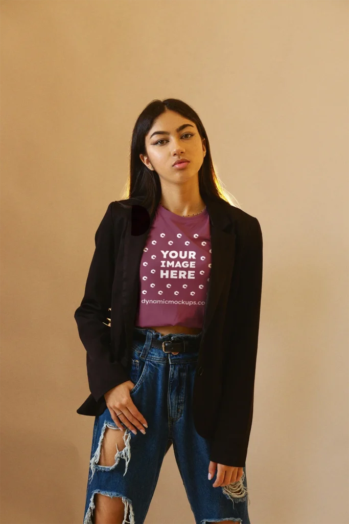 Woman Wearing Maroon T-shirt Mockup Front View Template