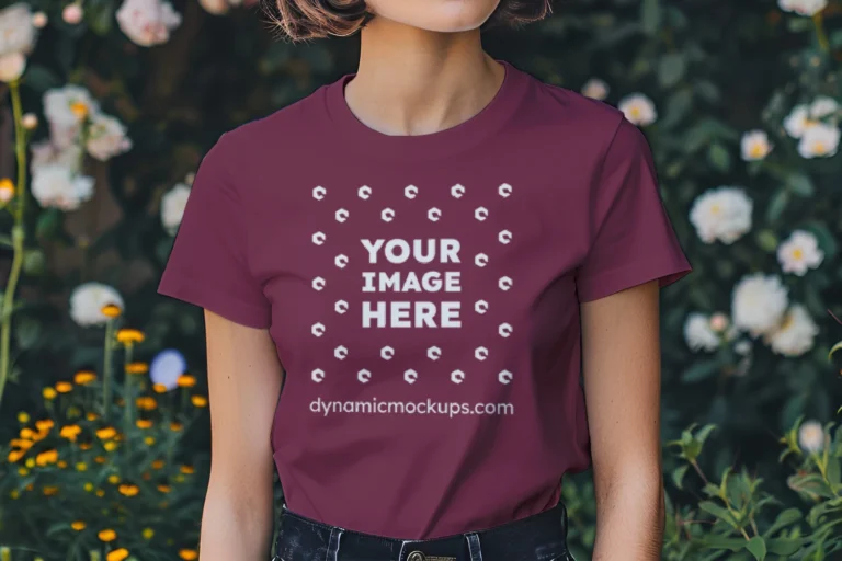 Woman Wearing Maroon T-shirt Mockup Front View Template