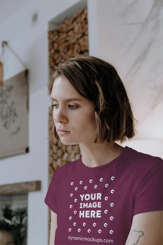 Woman Wearing Maroon T-shirt Mockup Front View Template