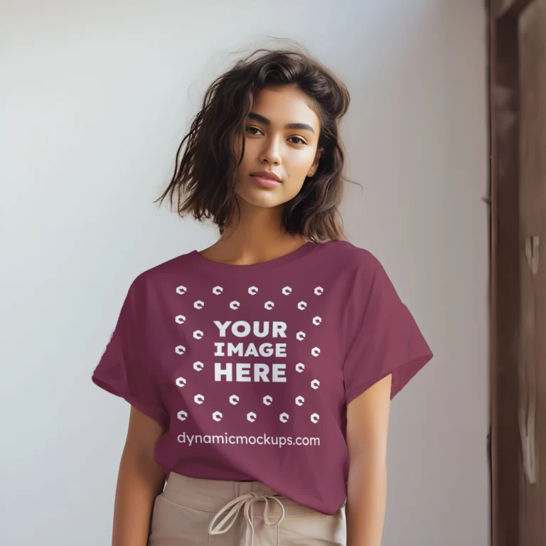 Woman Wearing Maroon T-shirt Mockup Front View Template