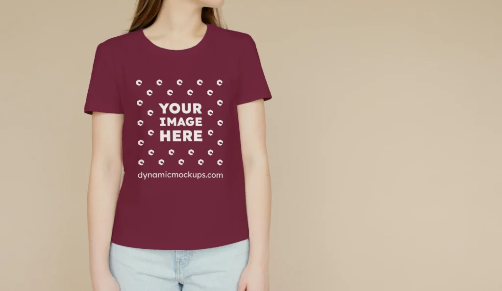 Woman Wearing Maroon T-shirt Mockup Front View Template