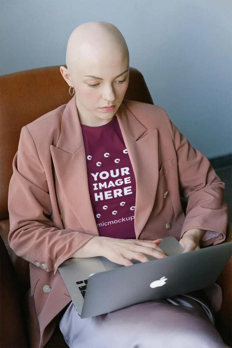 Woman Wearing Maroon T-shirt Mockup Front View Template