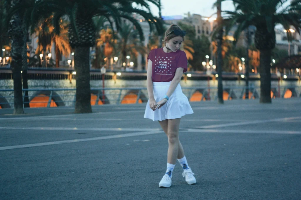 Woman Wearing Maroon T-shirt Mockup Front View Template