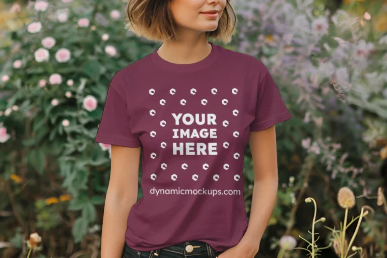 Woman Wearing Maroon T-shirt Mockup Front View Template