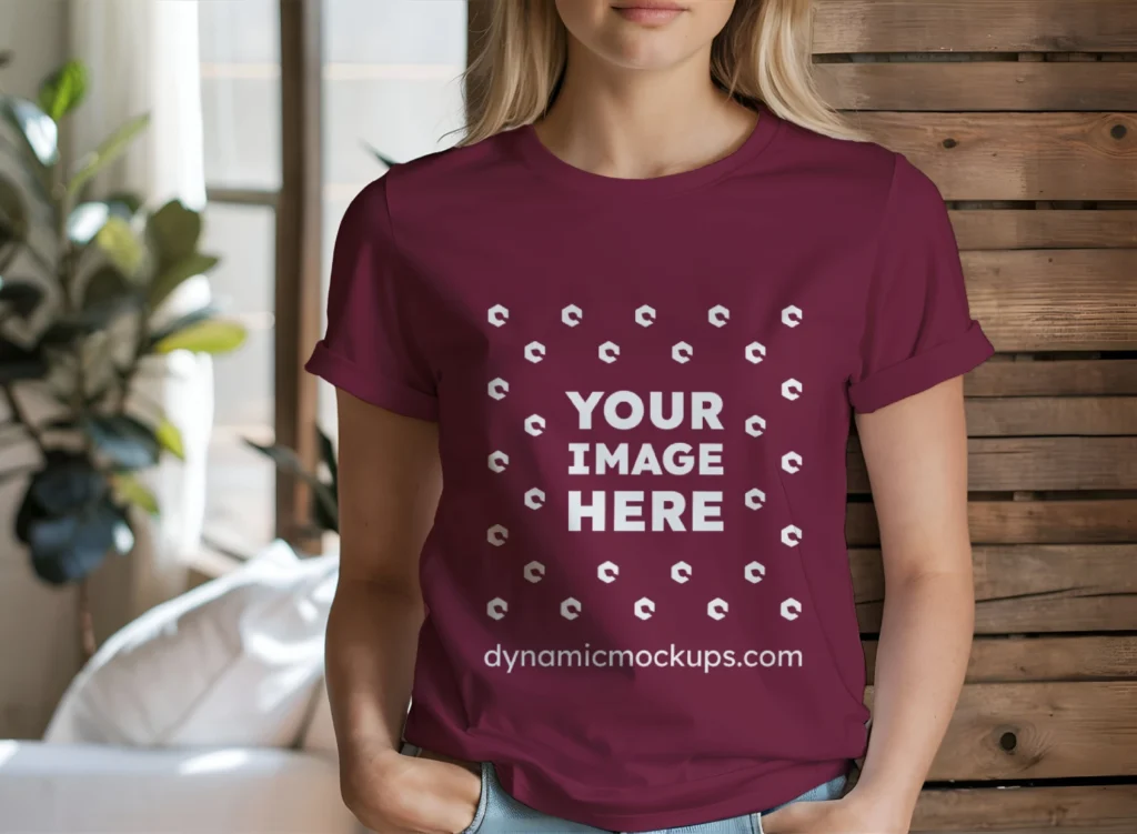 Woman Wearing Maroon T-shirt Mockup Front View Template