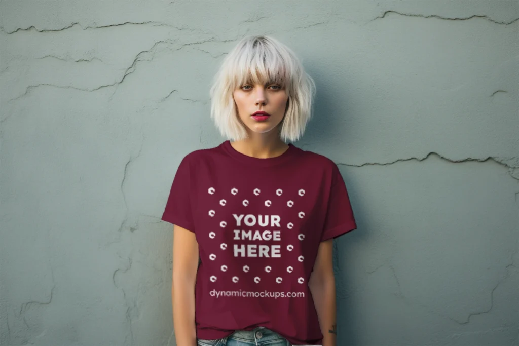 Woman Wearing Maroon T-shirt Mockup Front View Template