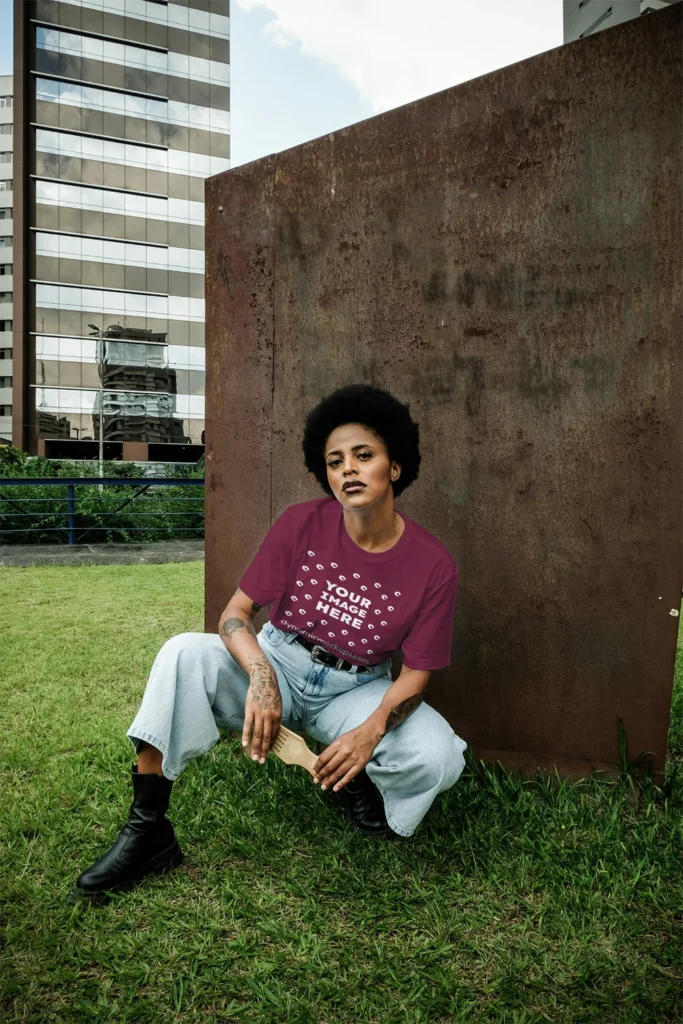 Woman Wearing Maroon T-shirt Mockup Front View Template