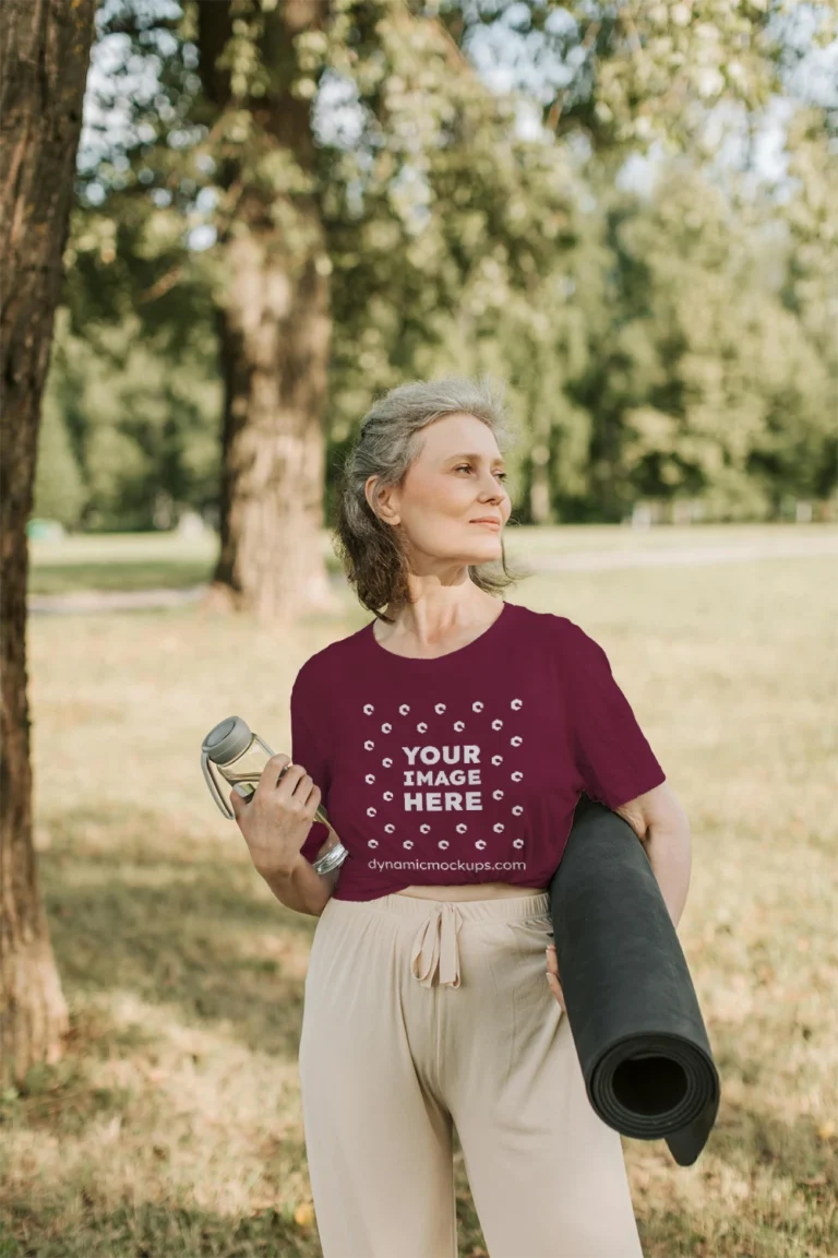 Woman Wearing Maroon T-shirt Mockup Front View Template