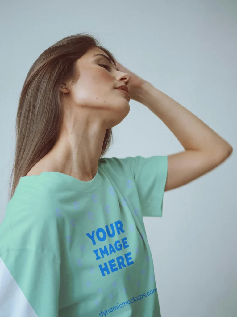 Woman Wearing Mint T-shirt Mockup Front View Template