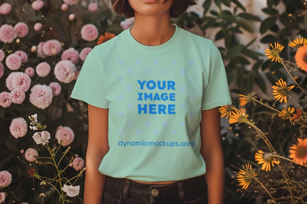 Woman Wearing Mint T-shirt Mockup Front View Template