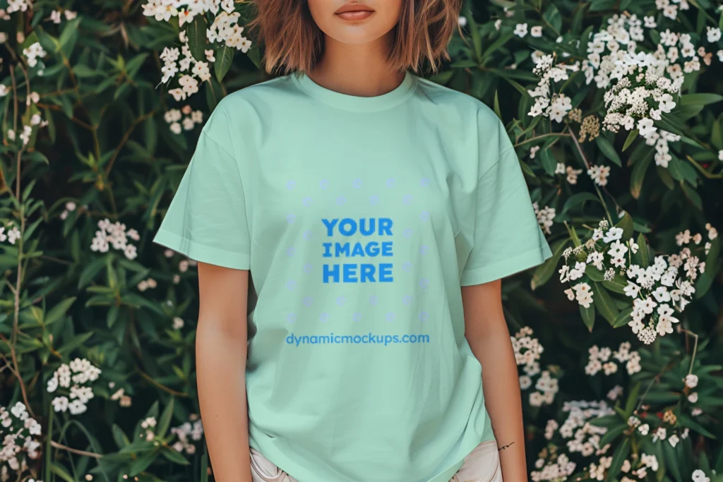 Woman Wearing Mint T-shirt Mockup Front View Template