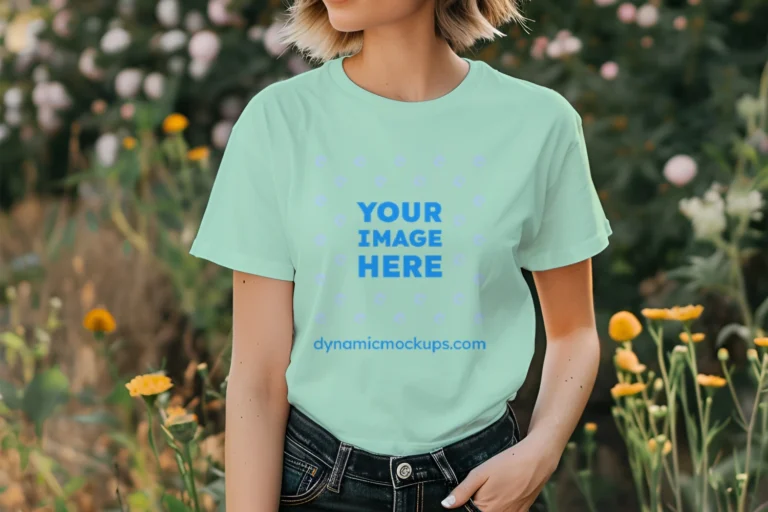 Woman Wearing Mint T-shirt Mockup Front View Template