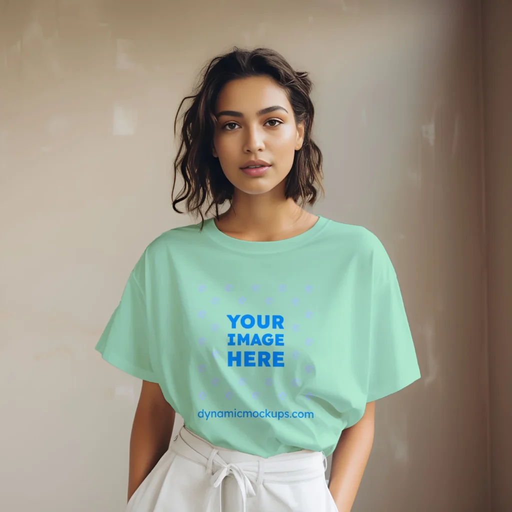 Woman Wearing Mint T-shirt Mockup Front View Template