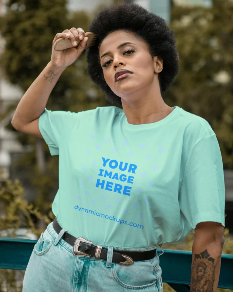 Woman Wearing Mint T-shirt Mockup Front View Template