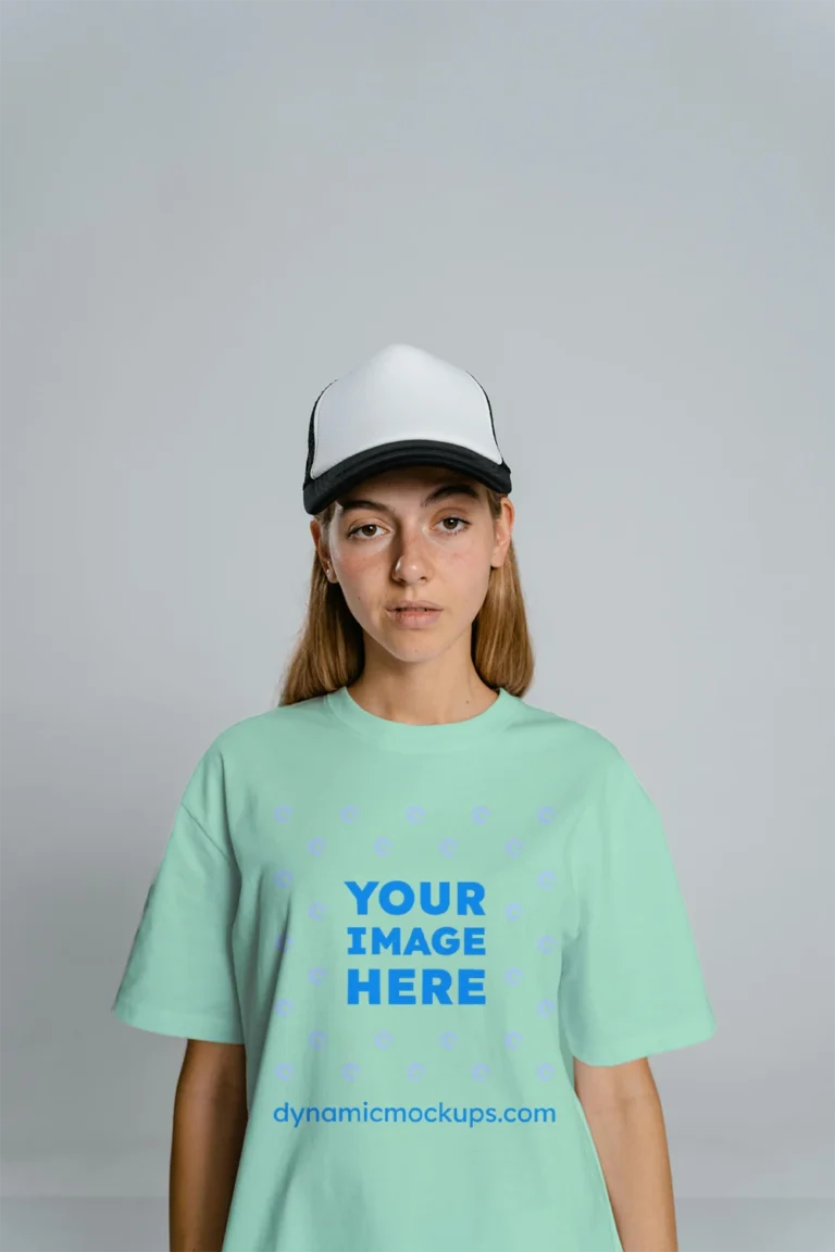 Woman Wearing Mint T-shirt Mockup Front View Template