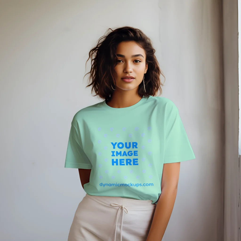 Woman Wearing Mint T-shirt Mockup Front View Template