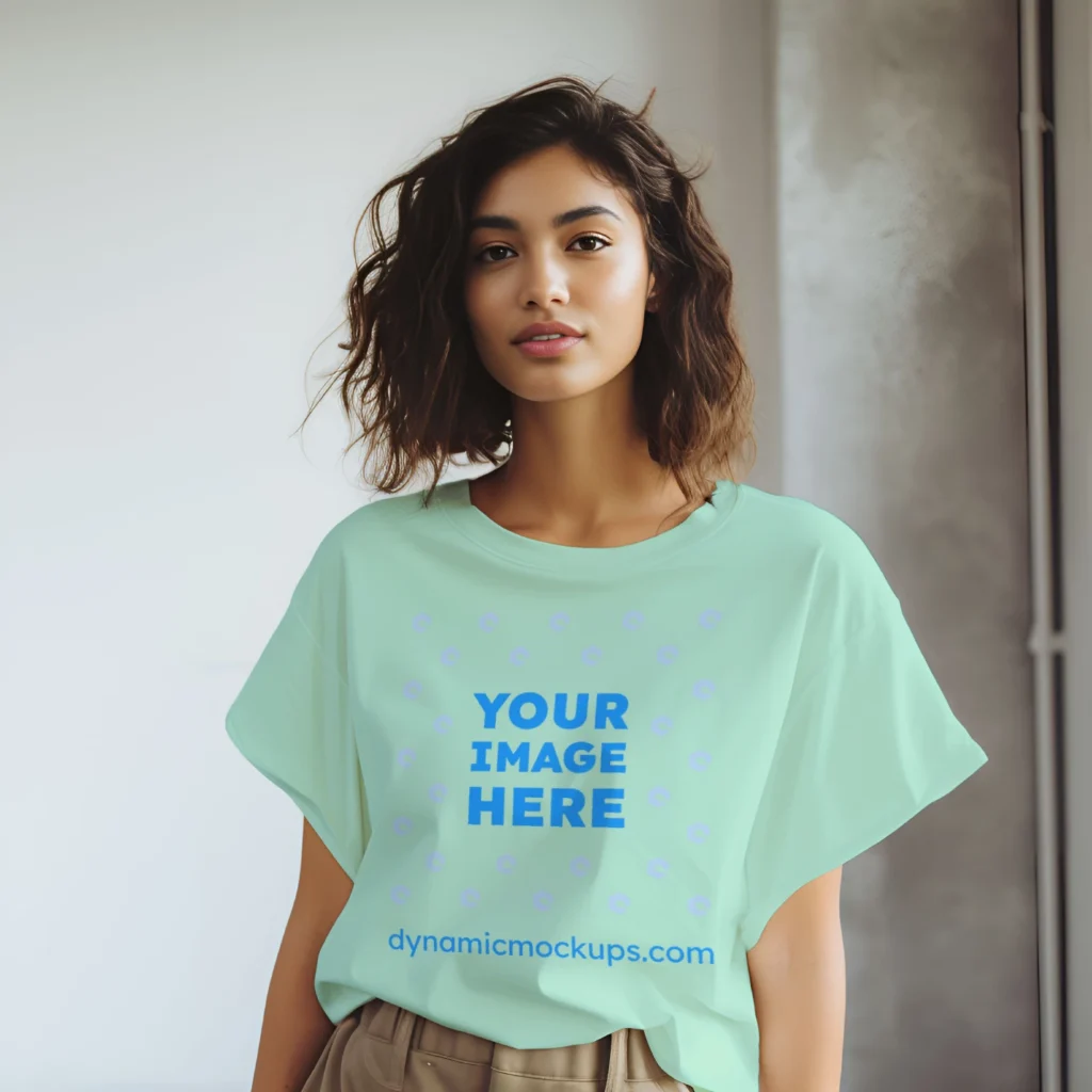 Woman Wearing Mint T-shirt Mockup Front View Template