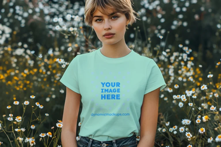 Woman Wearing Mint T-shirt Mockup Front View Template