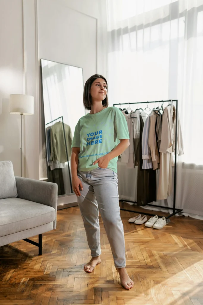 Woman Wearing Mint T-shirt Mockup Front View Template