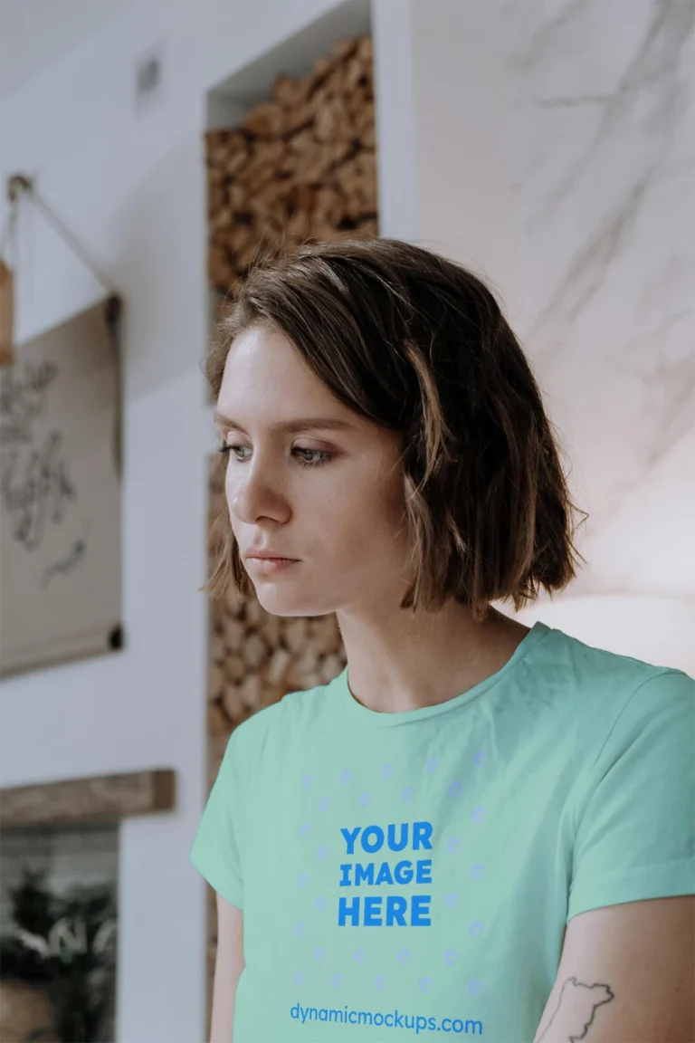 Woman Wearing Mint T-shirt Mockup Front View Template