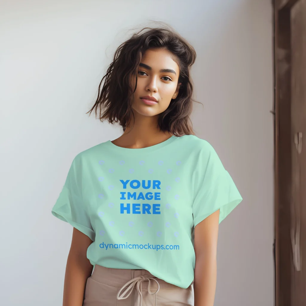 Woman Wearing Mint T-shirt Mockup Front View Template