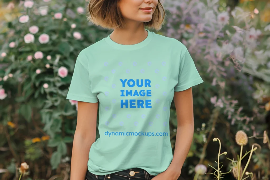 Woman Wearing Mint T-shirt Mockup Front View Template