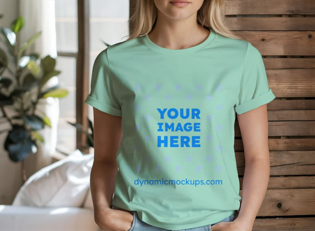 Woman Wearing Mint T-shirt Mockup Front View Template