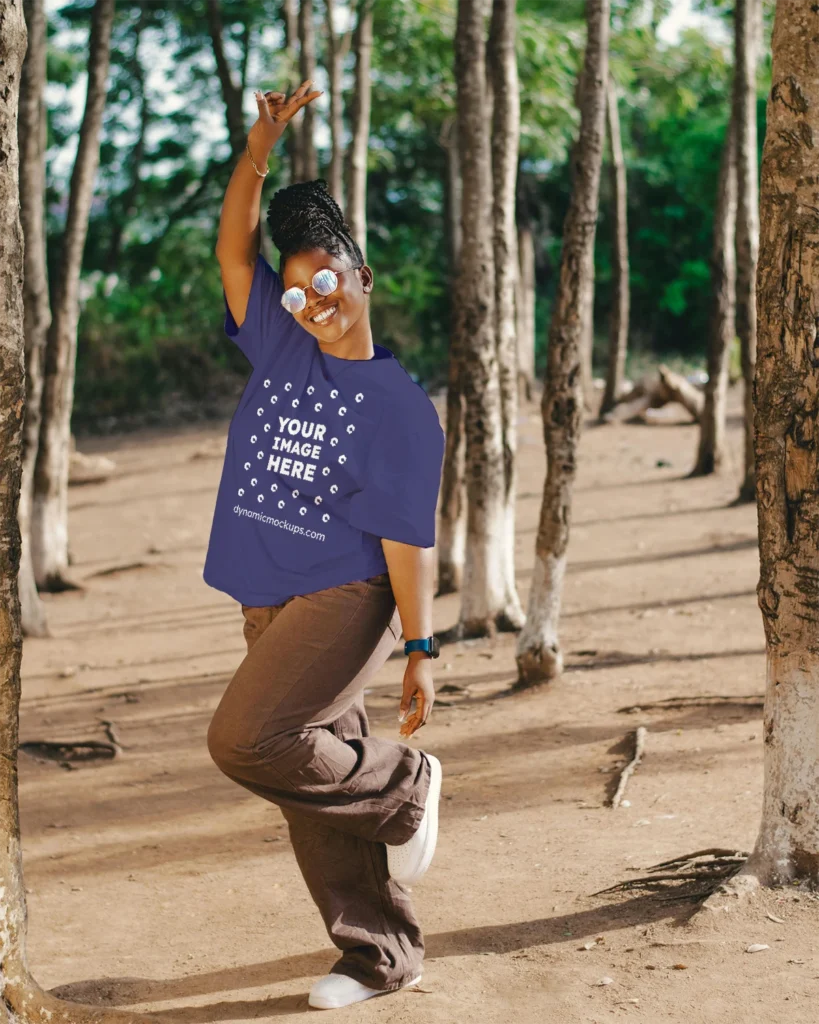 Woman Wearing Navy Blue T-shirt Mockup Front View Template