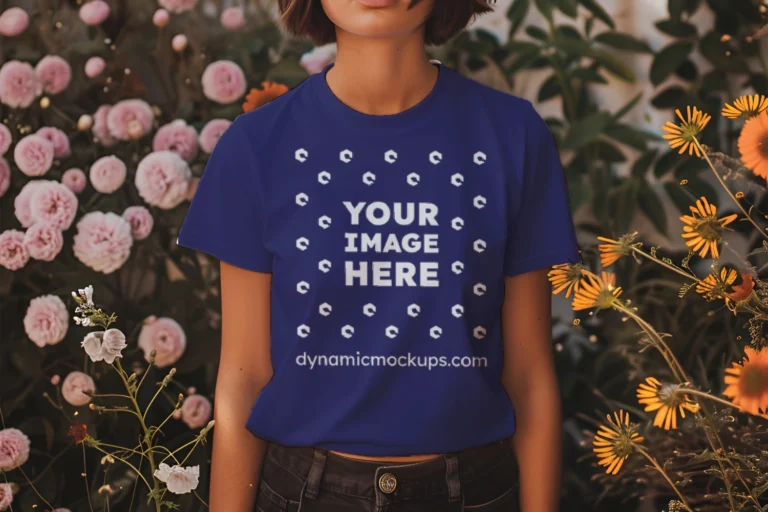 Woman Wearing Navy Blue T-shirt Mockup Front View Template