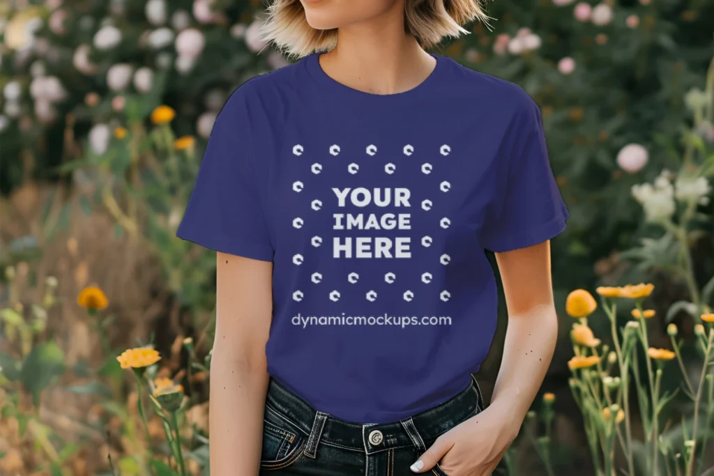 Woman Wearing Navy Blue T-shirt Mockup Front View Template