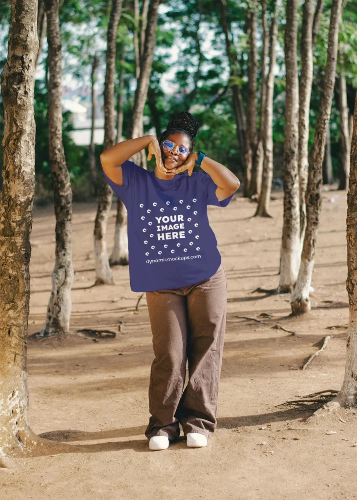 Woman Wearing Navy Blue T-shirt Mockup Front View Template