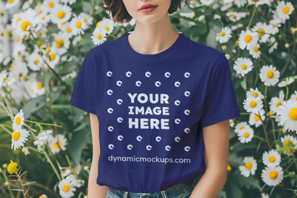 Woman Wearing Navy Blue T-shirt Mockup Front View Template